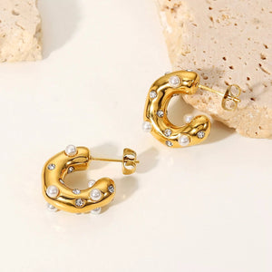 Pearl and Crystal Hoop Earrings (Gold)