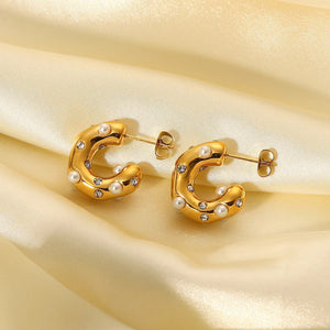 Pearl and Crystal Hoop Earrings (Gold)